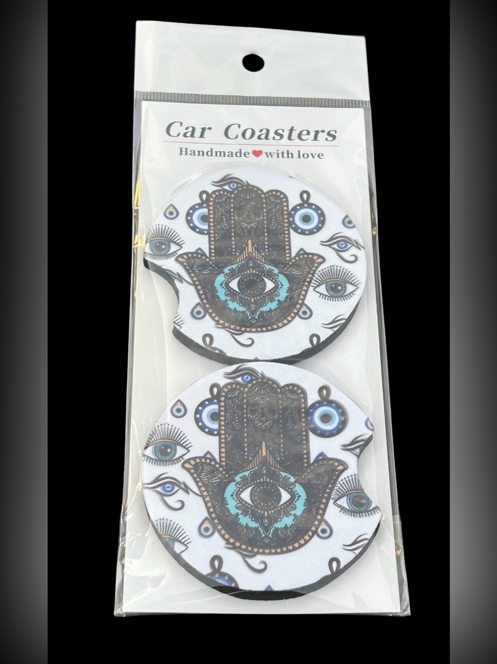 Handmade Hamsa Car Coasters – White, Blue & Black